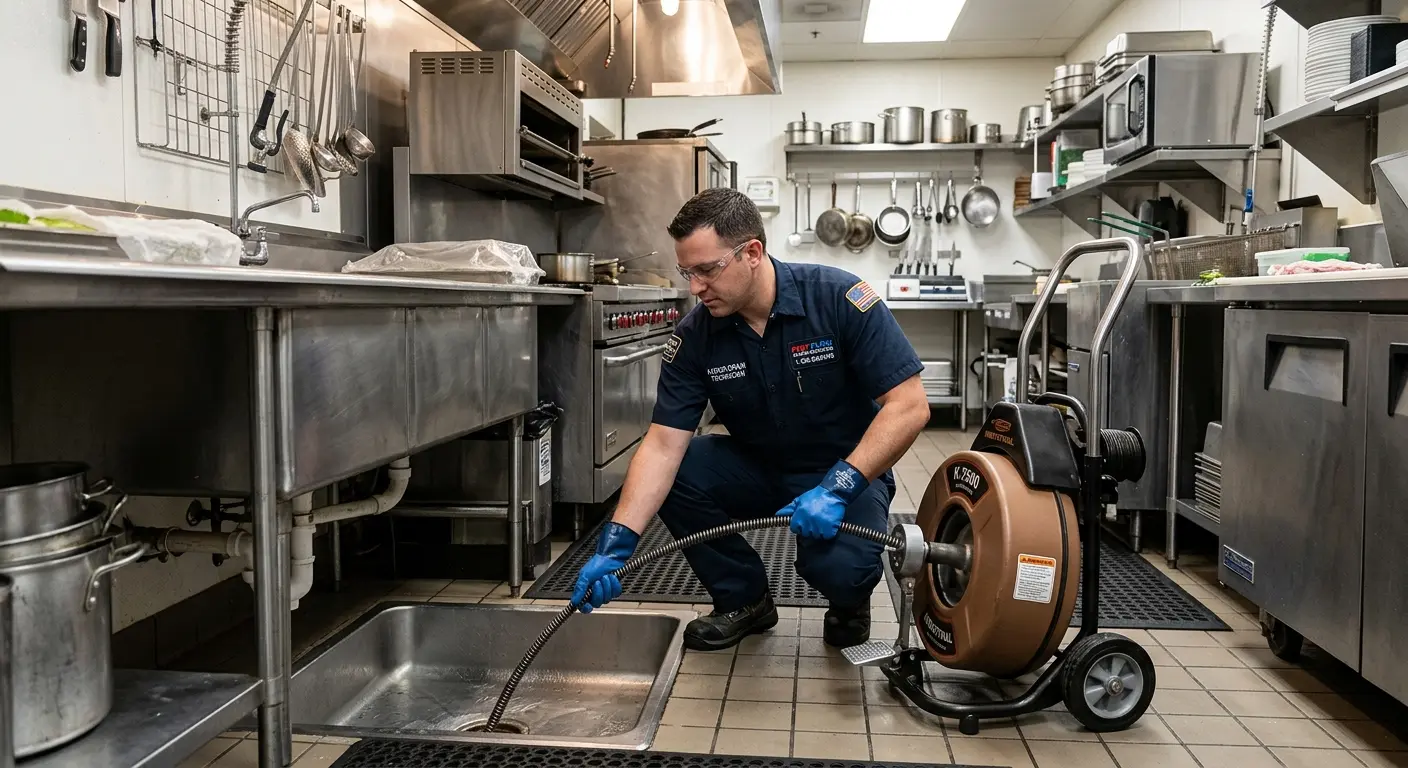 Commercial drain cleaning service in a restaurant kitchen in Indianola