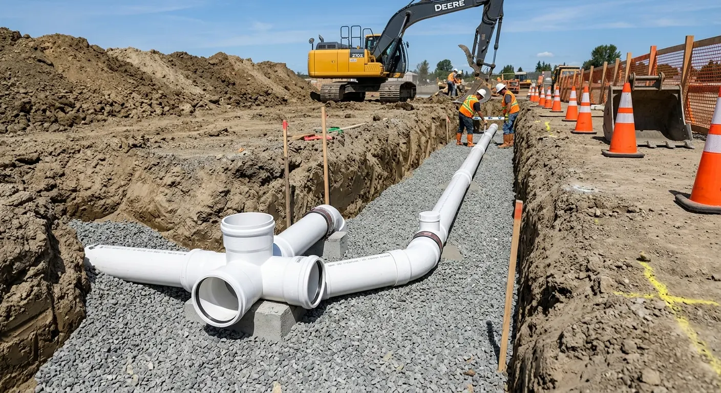 New PVC sewer pipe installation in open trench for Grease Trap Cleaning in Indianola